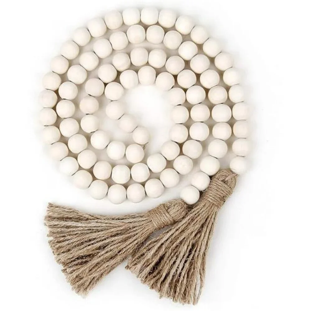 Rustic Wood Bead Garland Farmhouse Decor Tassel Boho Wall Hanging 58 Inch